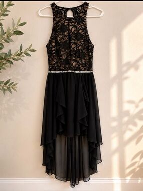 City Studio Black Lace & Nude Lined Evening Dress